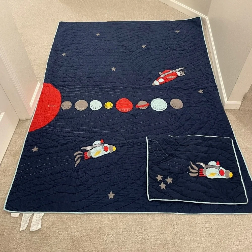 Pottery Barn Kids Solar System Outer Space Quilt and Sham Set Navy Blue Cotton - Picture 5 of 8